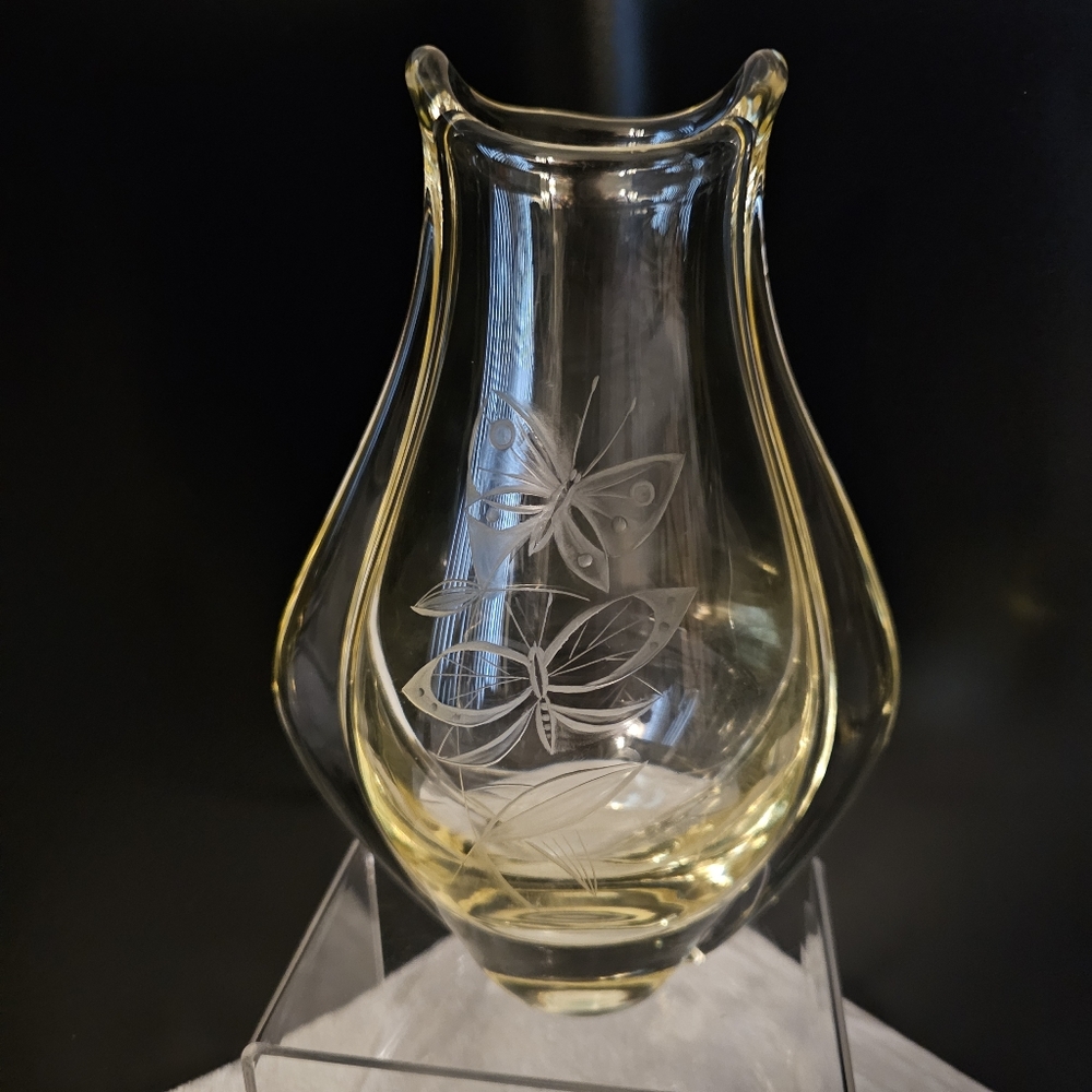 Vintage Yellow Glass Vase with Etched Butterflies